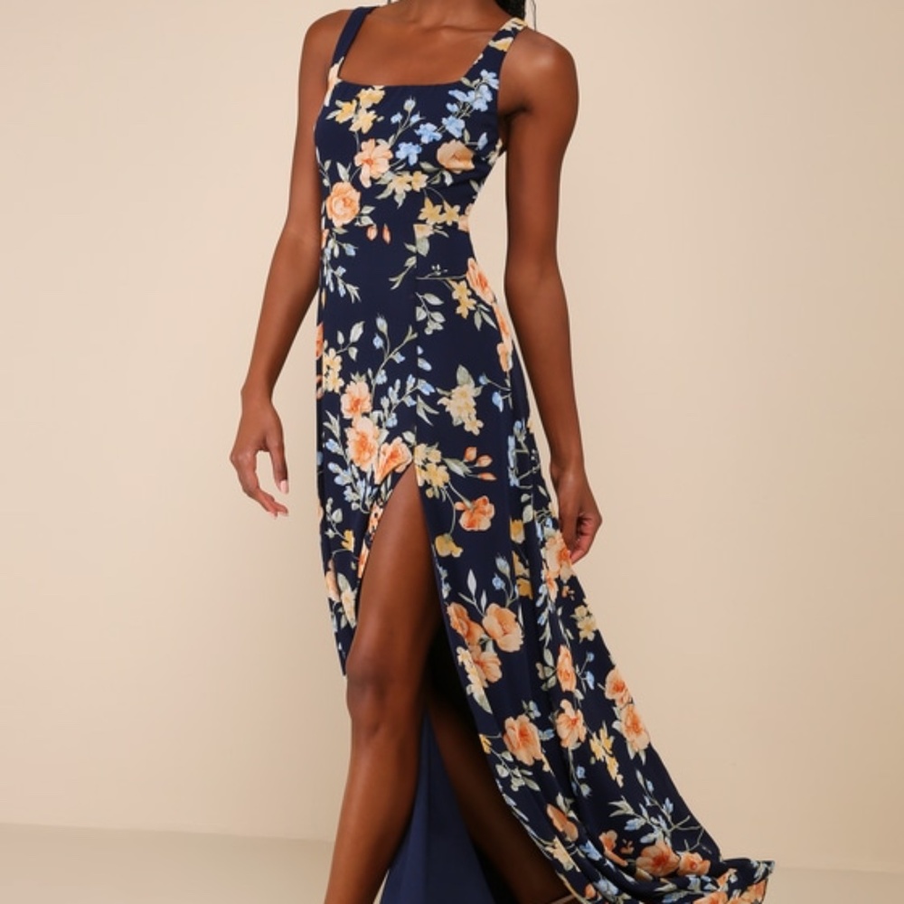Lulus Remarkable Arrival Navy Blue Floral Sleeveless Maxi Dress - Size M